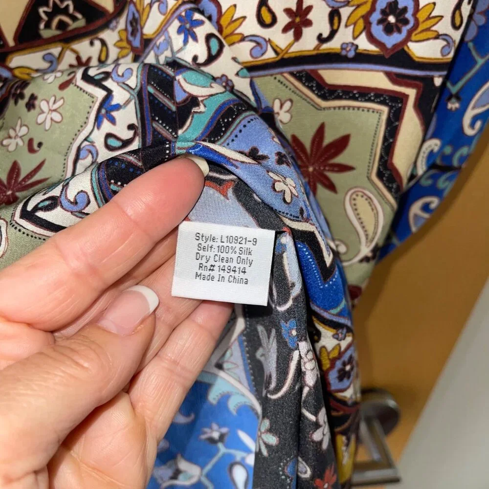 Johnny Was Womens Size L Multicolor Boho Round Kimono Sleeve Silk Caftan Blouse - Picture 6 of 11